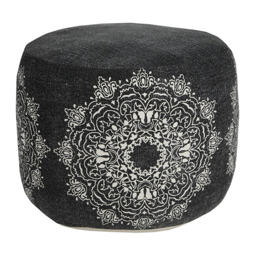 18" Black Cotton Cylinder Medallion Pouf Ottoman