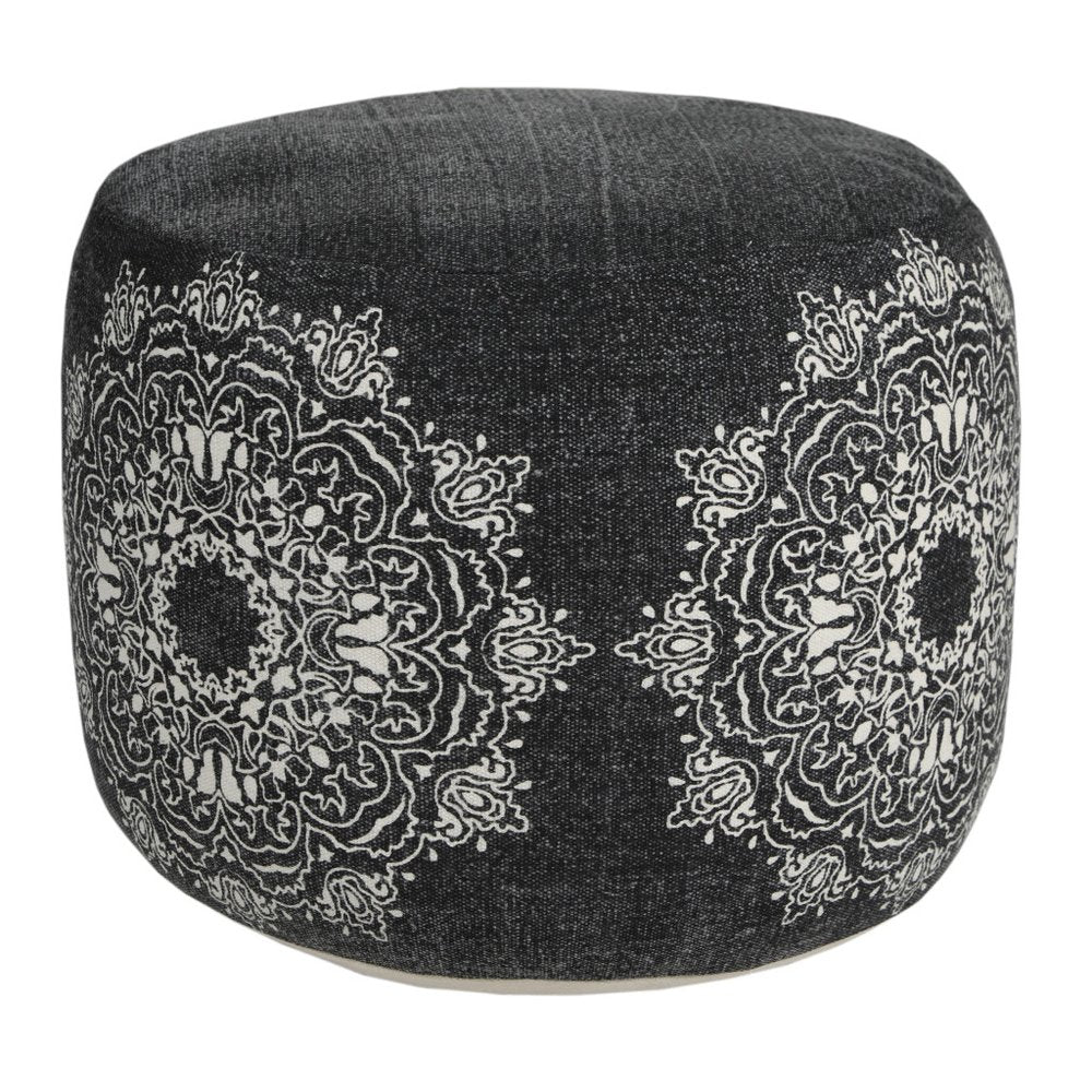 18" Black Cotton Cylinder Medallion Pouf Ottoman