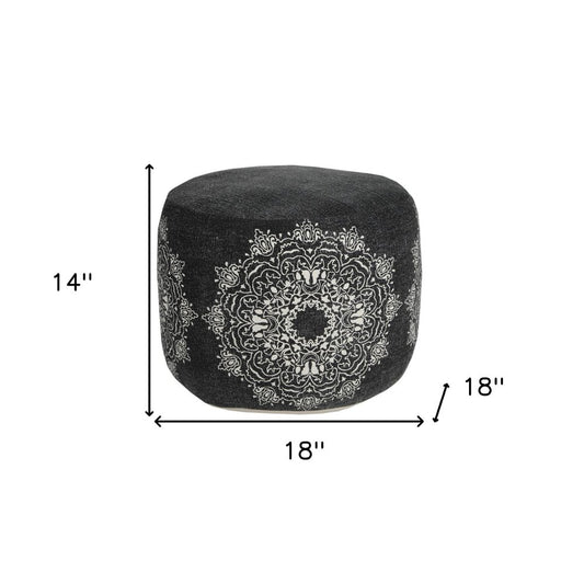 18" Black Cotton Medallion Cylinder Pouf Ottoman