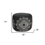 18" Black Cotton Medallion Cylinder Pouf Ottoman