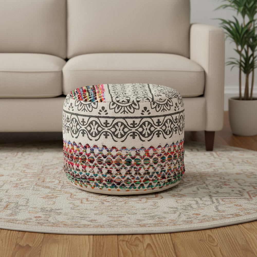 18" Rainbow And Gray Cylinder Geometric Pouf Ottoman