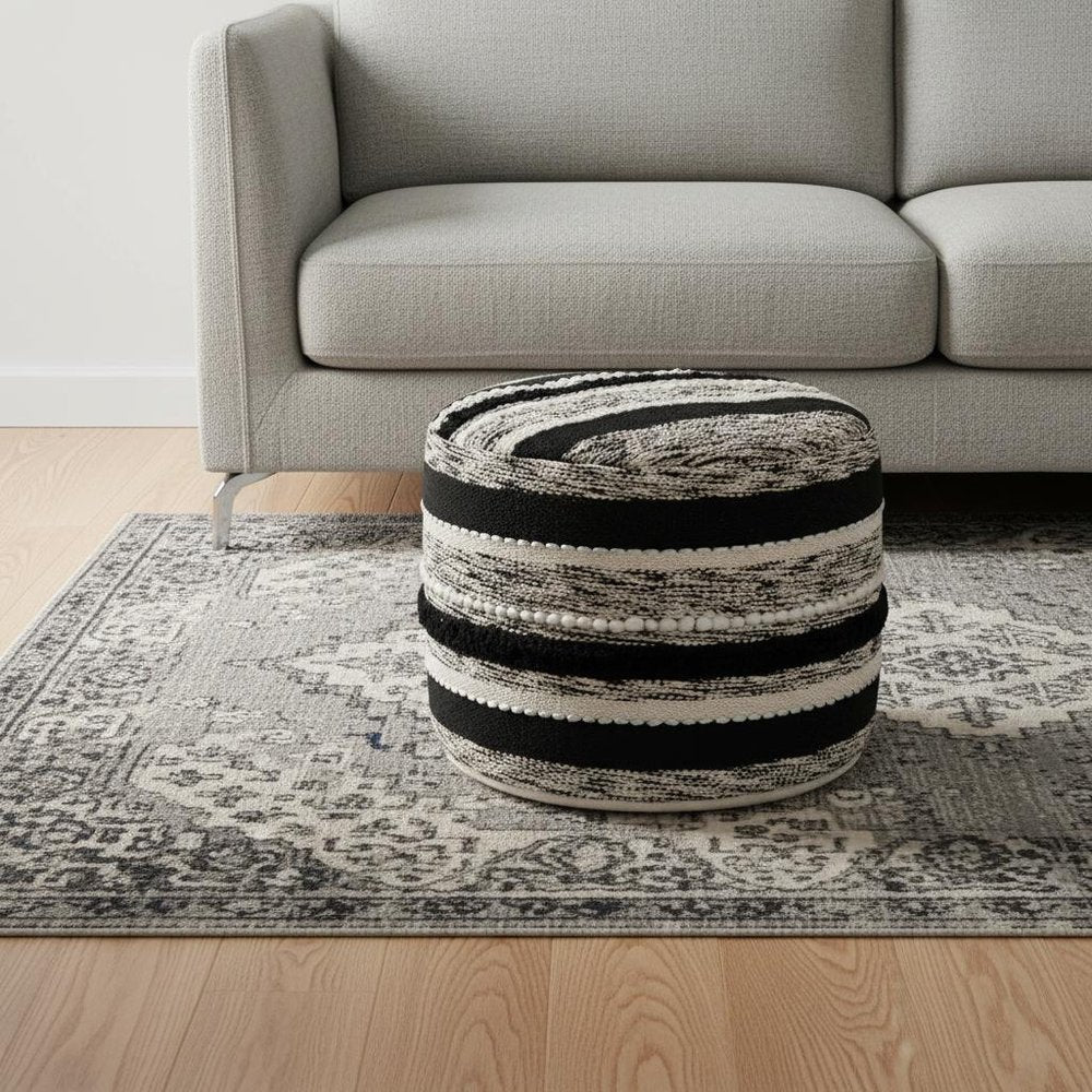 18" White Cotton Cylinder Striped Pouf Ottoman