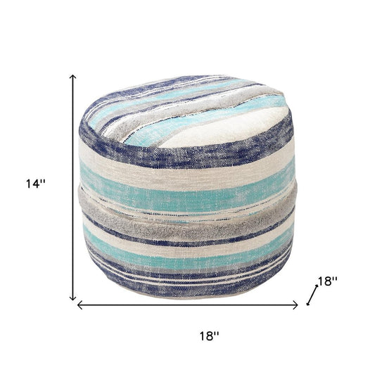 18" Blue Cotton Striped Cylinder Pouf Ottoman