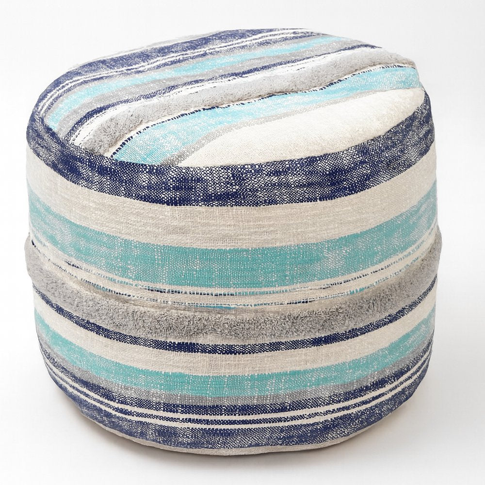 18" Blue Cotton Cylinder Striped Pouf Ottoman