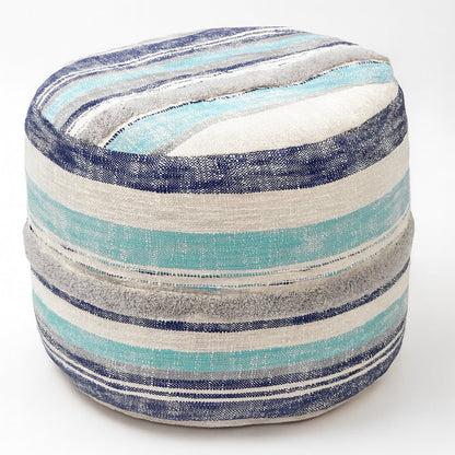 18" Blue Cotton Cylinder Striped Pouf Ottoman