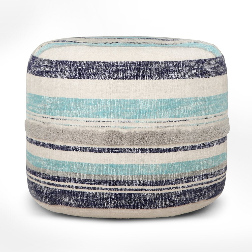 18" Blue Cotton Cylinder Striped Pouf Ottoman
