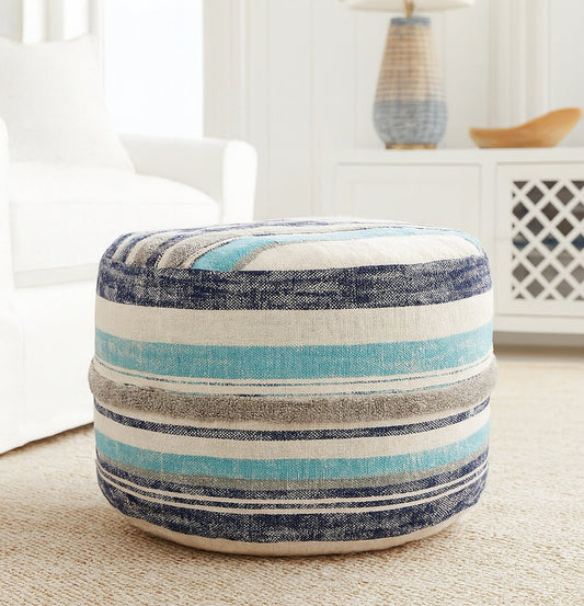 18" Blue Cotton Cylinder Striped Pouf Ottoman