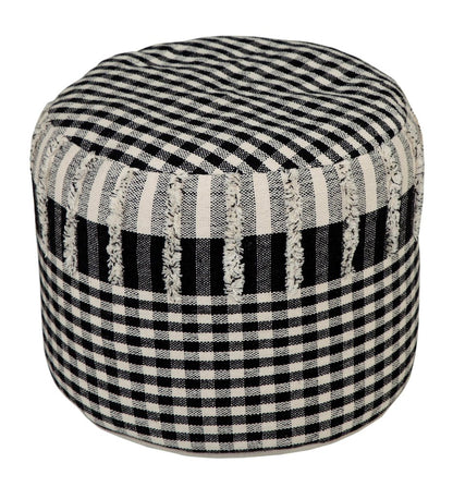 18" Black Cotton Cylinder Plaid Pouf Ottoman