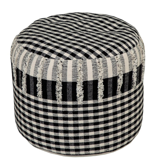 18" Black Cotton Cylinder Plaid Pouf Ottoman