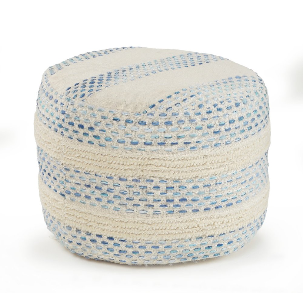 18" Ivory And Green Cotton Blend Round Striped Pouf Ottoman