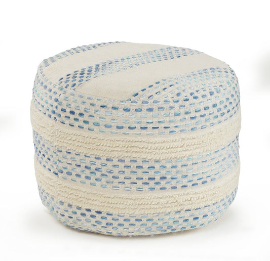 18" Ivory And Green Cotton Blend Round Striped Pouf Ottoman