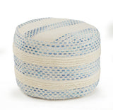 18" Ivory And Green Cotton Blend Round Striped Pouf Ottoman