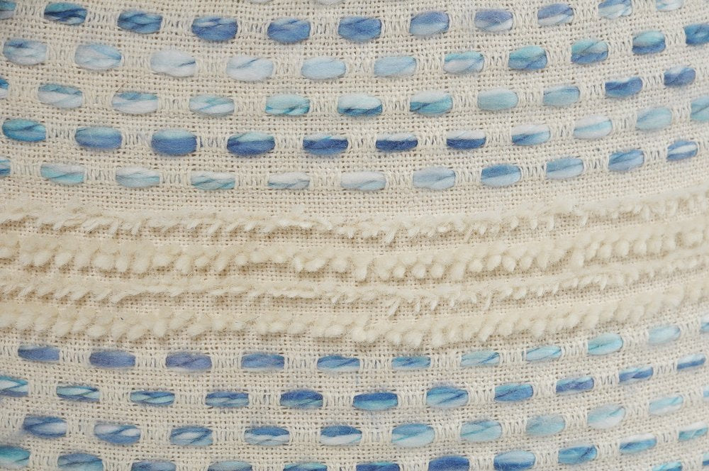 18" Ivory And Green Cotton Blend Round Striped Pouf Ottoman