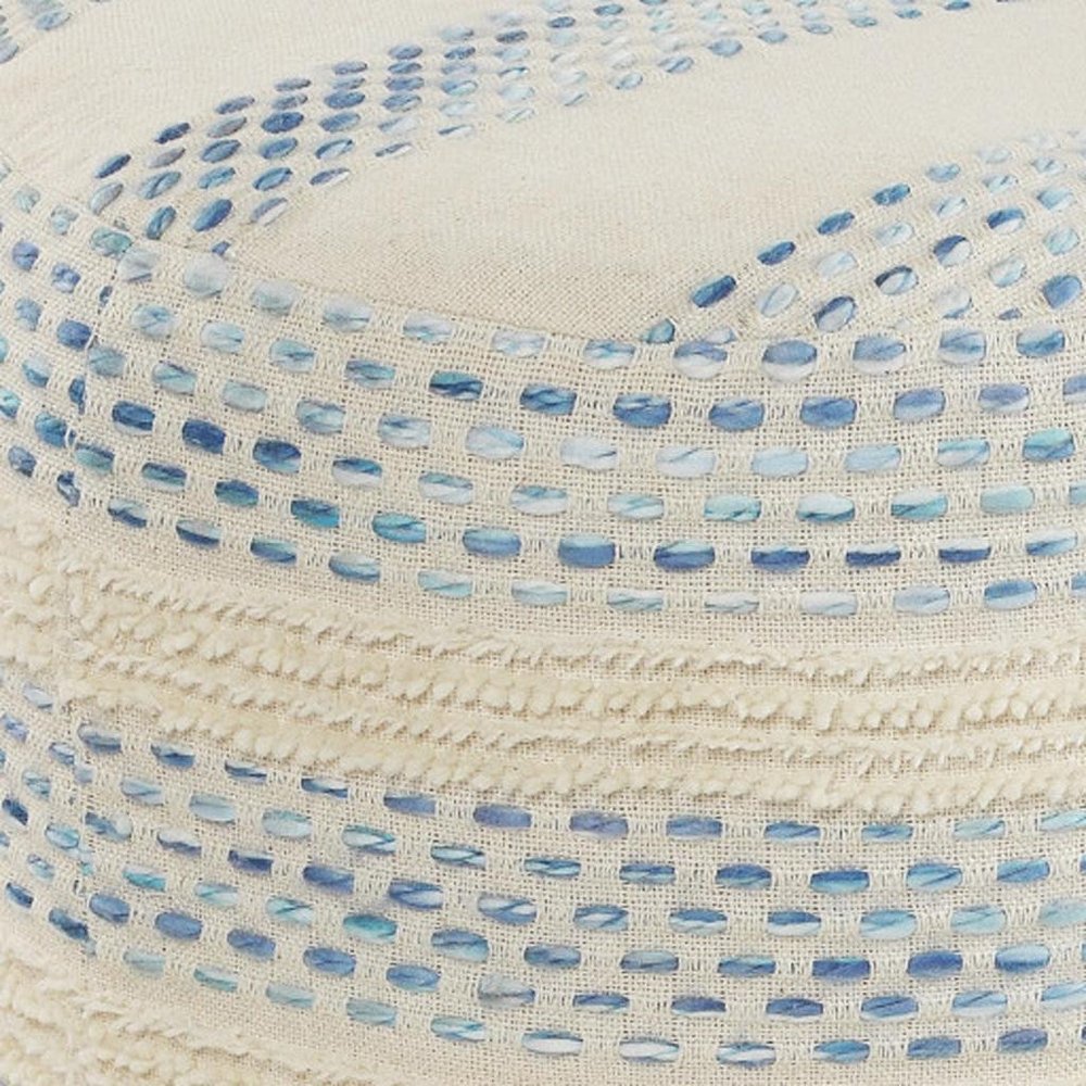18" Ivory And Green Cotton Blend Round Striped Pouf Ottoman