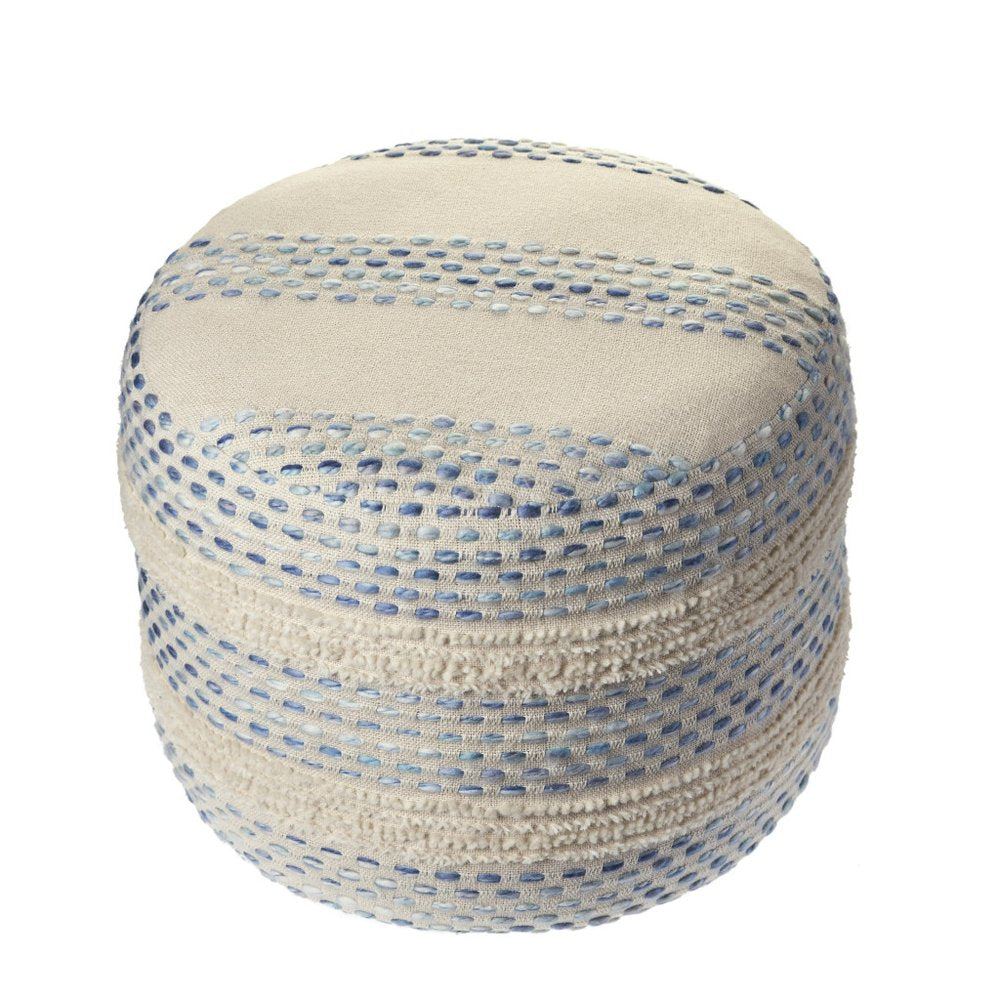 18" Ivory And Green Cotton Blend Round Striped Pouf Ottoman