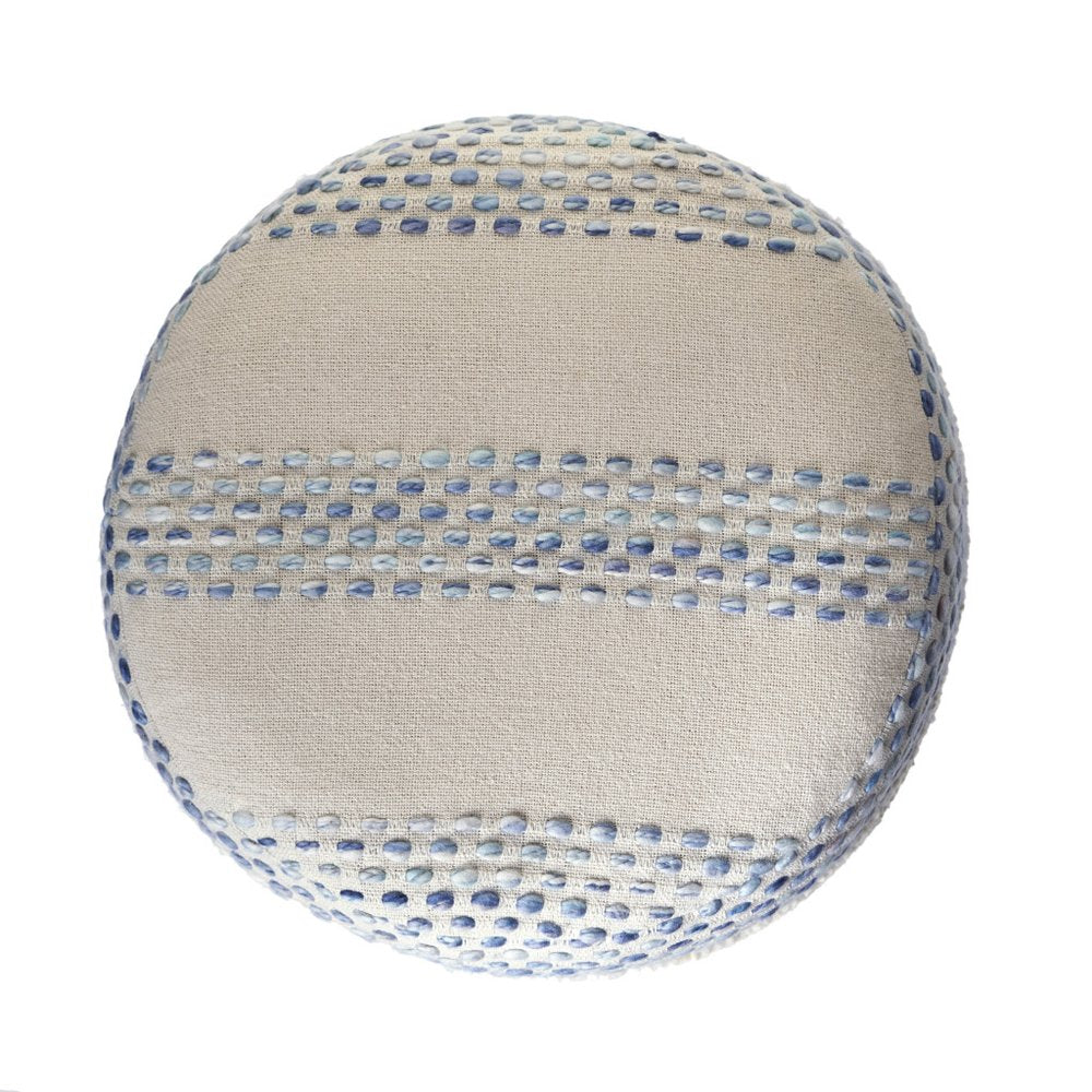 18" Ivory And Green Cotton Blend Round Striped Pouf Ottoman