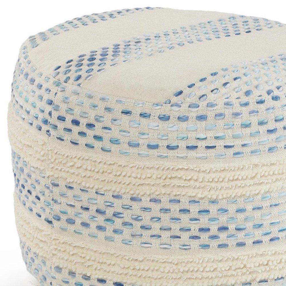 18" Ivory And Green Cotton Blend Round Striped Pouf Ottoman