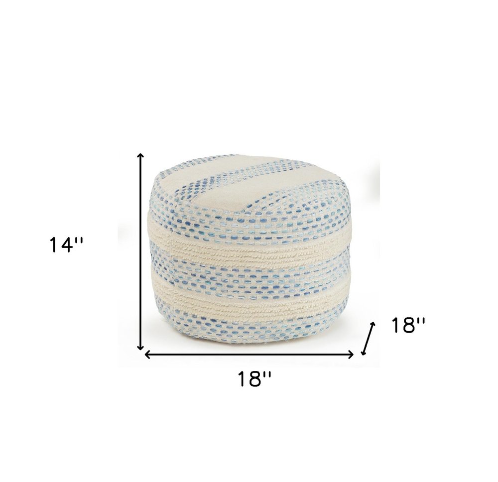 18" Ivory And Green Cotton Blend Round Striped Pouf Ottoman