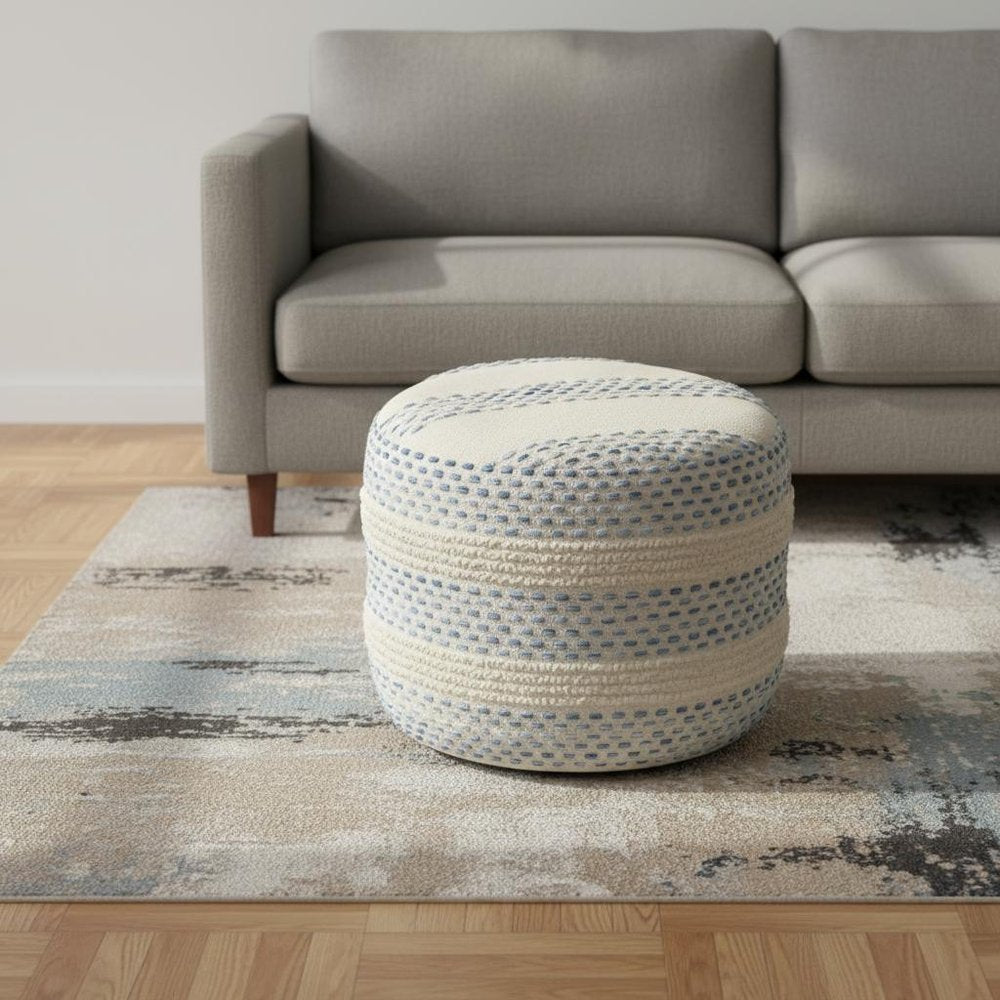 18" Ivory And Green Cotton Blend Round Striped Pouf Ottoman