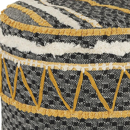 18" Black Cotton Striped Cylinder Pouf Ottoman