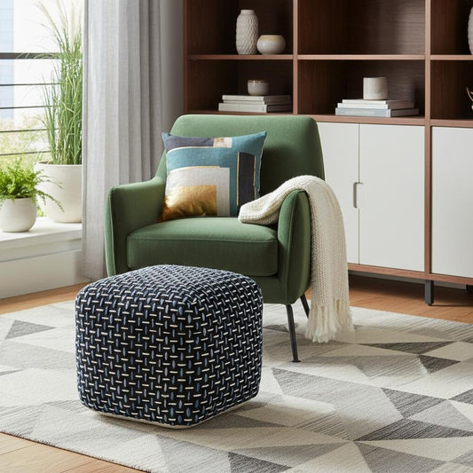 16" Black Upholstery Geometric Pouf Ottoman