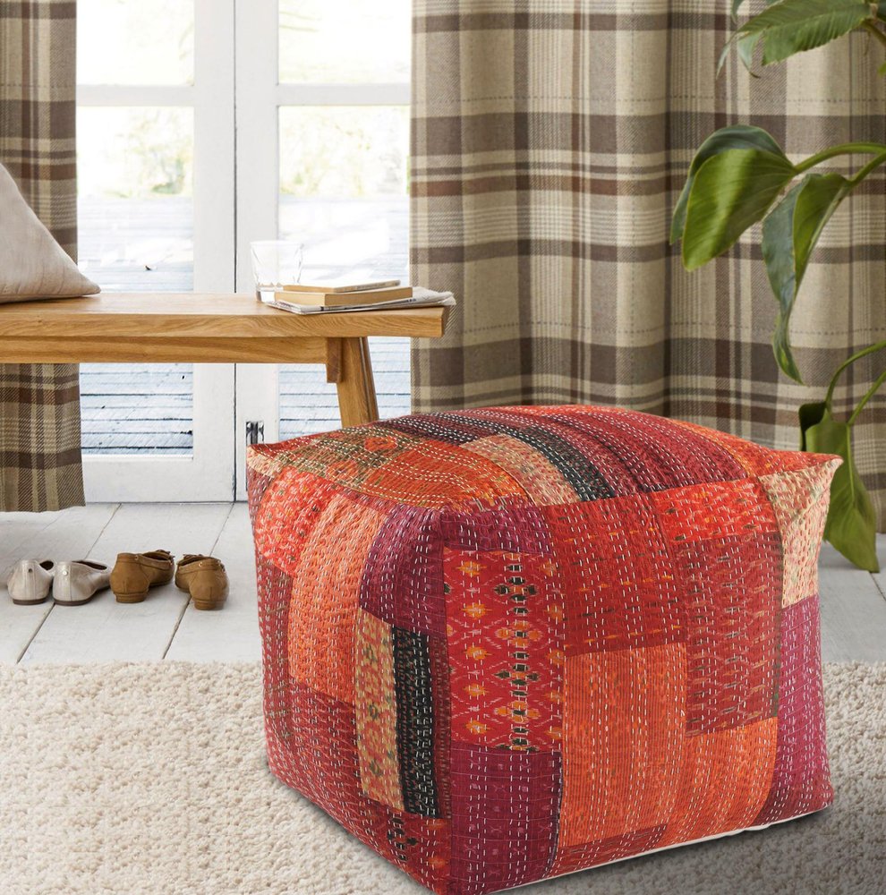 48" Cream Cotton Patchwork Pouf Ottoman