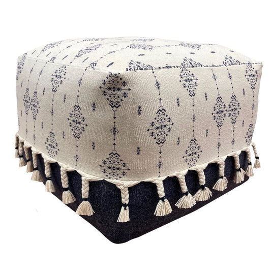 18" Natural And Navy Blue Cotton Medallion Pouf Ottoman