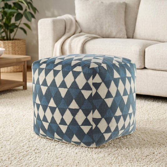 20" Blue Cotton Geometric Pouf Ottoman