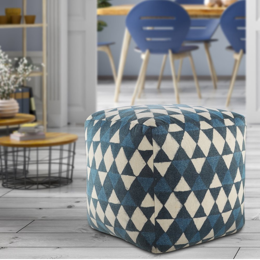20" Blue Cotton Geometric Pouf Ottoman