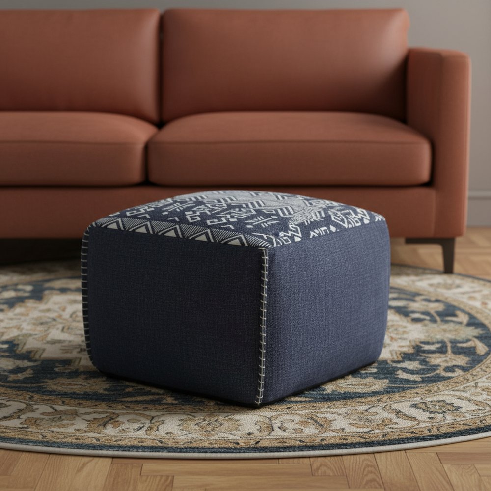 18" Blue Cotton Geometric Pouf Ottoman