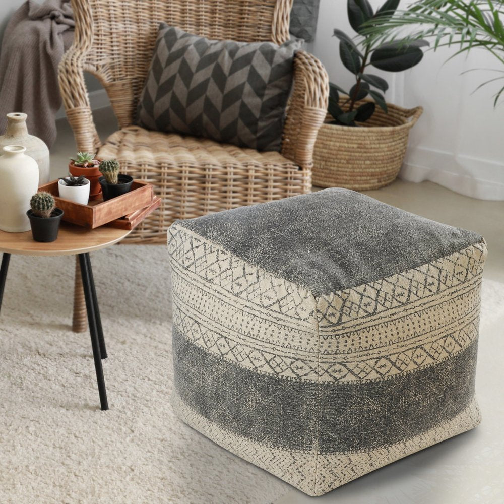 20" Cream Cotton Tribal Pouf Ottoman