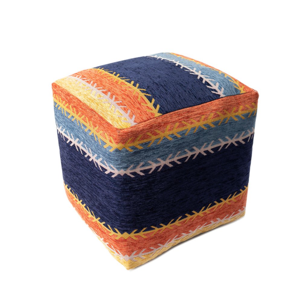 18" Blue And Orange Polyester Blend Striped Pouf Ottoman