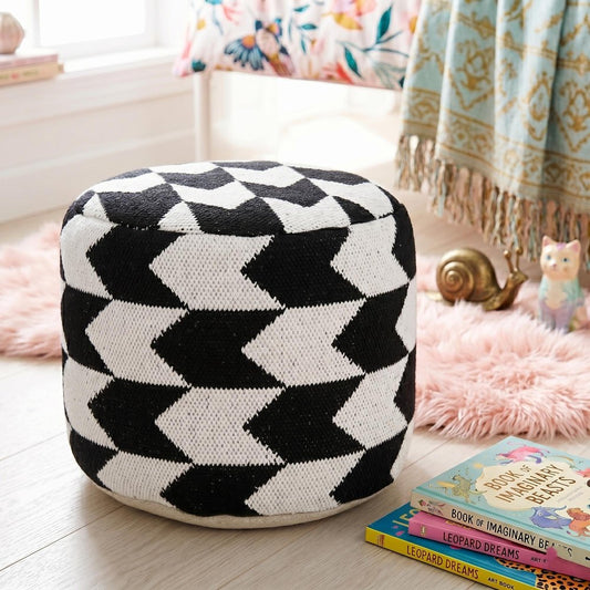 18" Black Chevron Cylinder Pouf Ottoman
