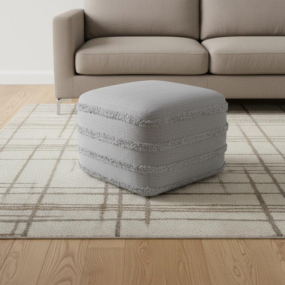 18" Cream Cotton Tufted Cube Striped Pouf Ottoman