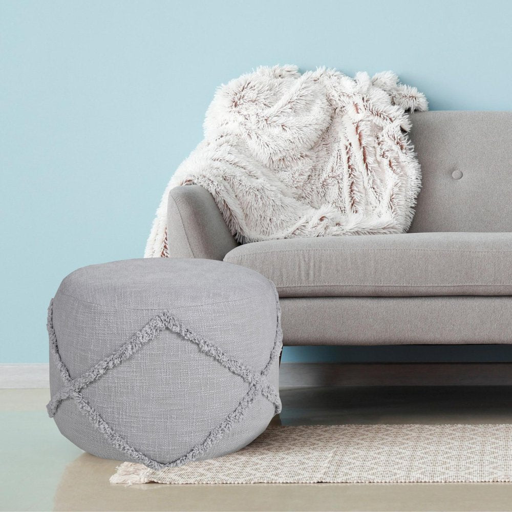 18" Cream Cotton Cylinder Geometric Pouf Ottoman