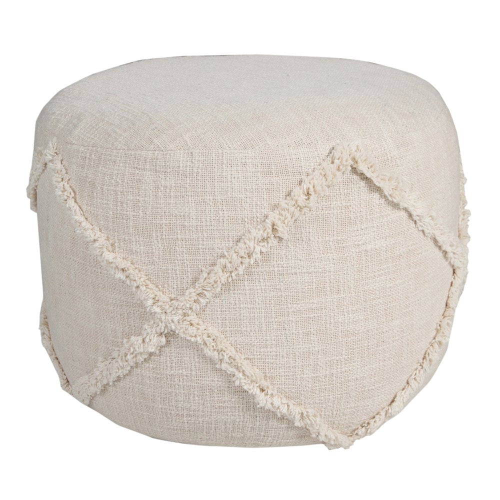 18" Cream Cotton Cylinder Geometric Pouf Ottoman
