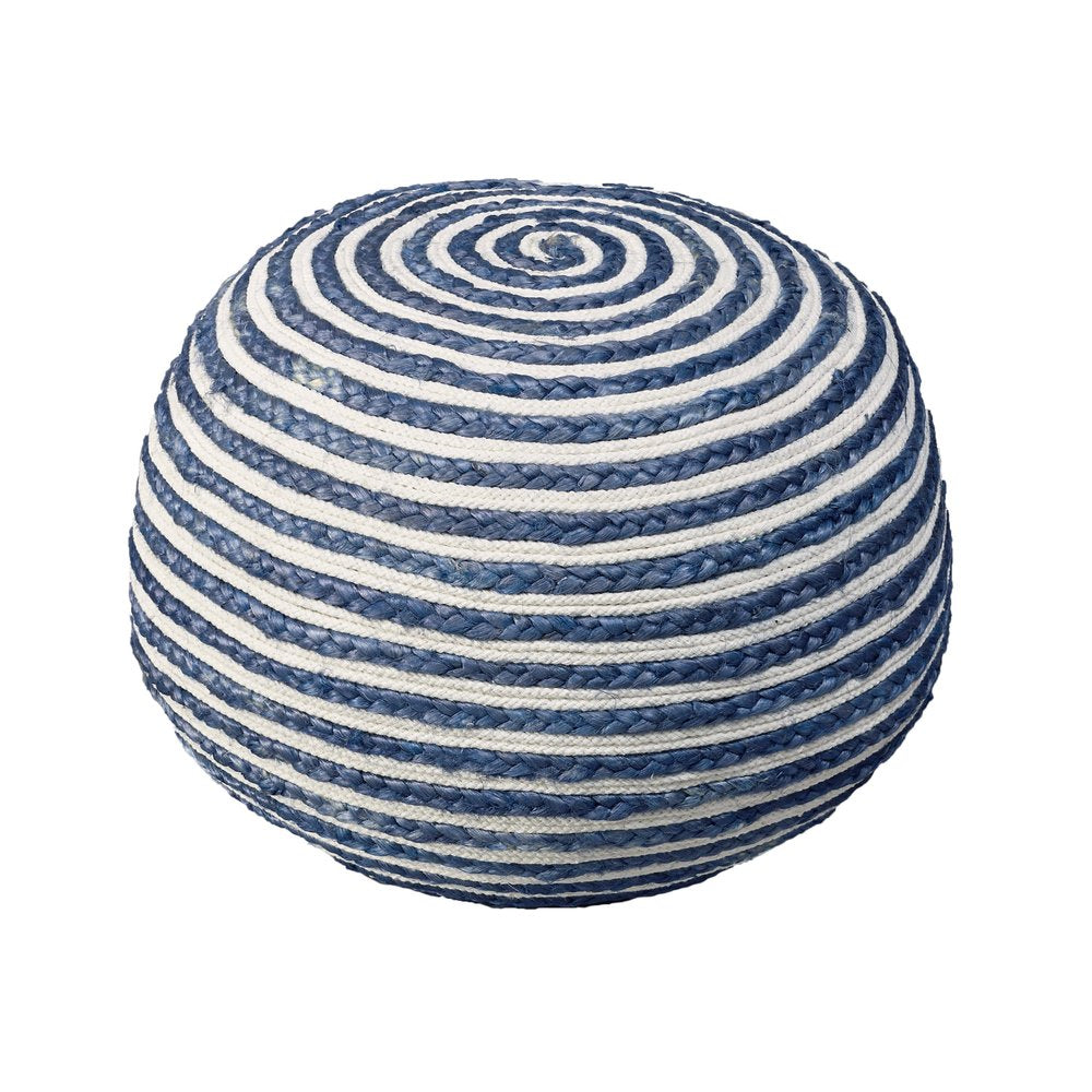 20" Blue Cotton Blend Round Striped Pouf Ottoman