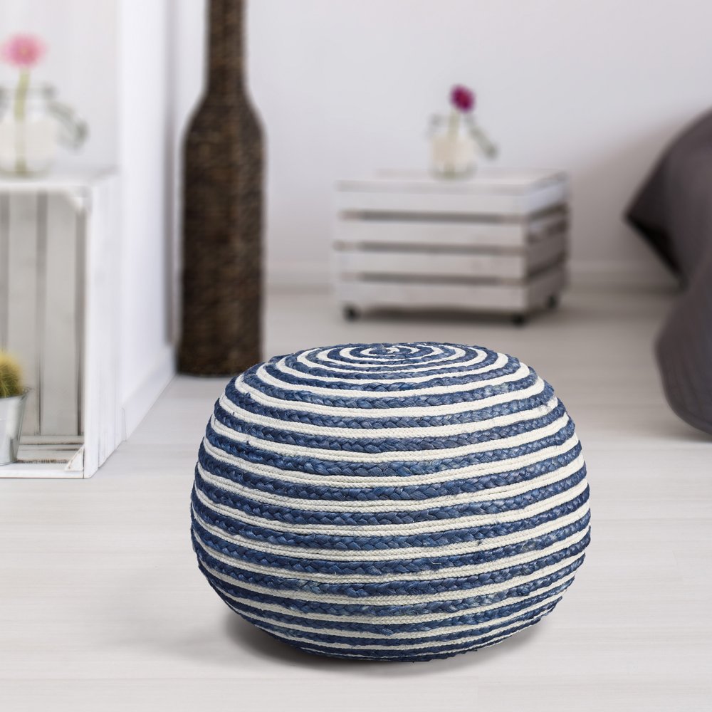 20" Gray Cotton Blend Round Striped Pouf Ottoman