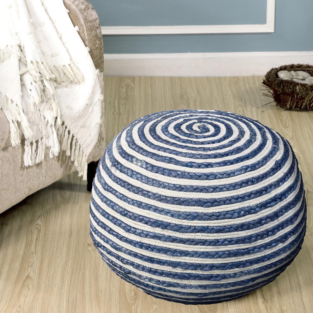 20" Rainbow Cotton Blend Round Striped Pouf Ottoman