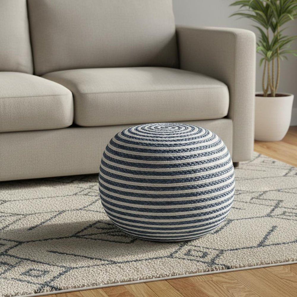 20" Gray Cotton Blend Round Striped Pouf Ottoman