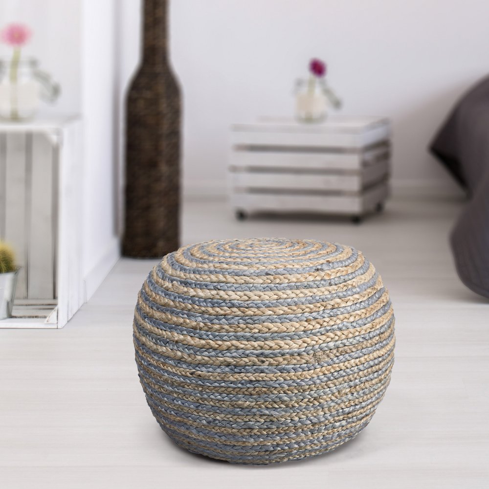 20" Gray Cotton Blend Round Striped Pouf Ottoman
