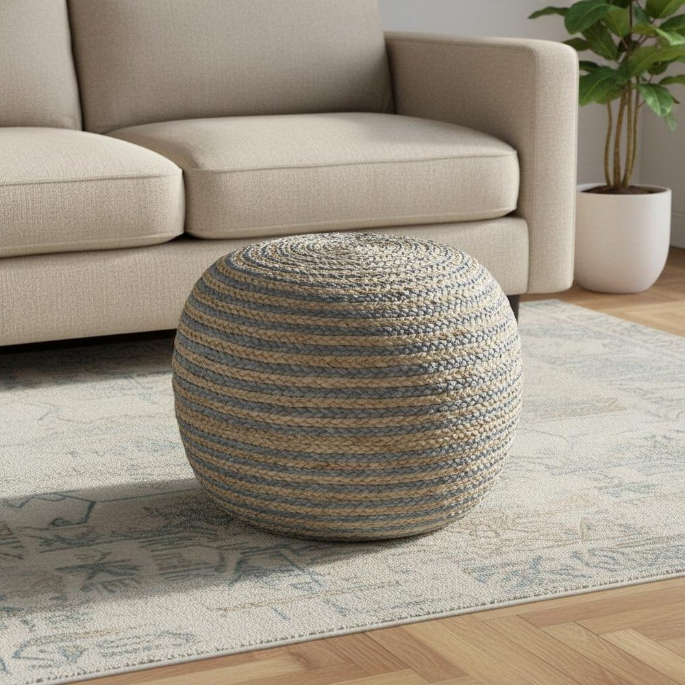 20" Blue Cotton Blend Round Striped Pouf Ottoman