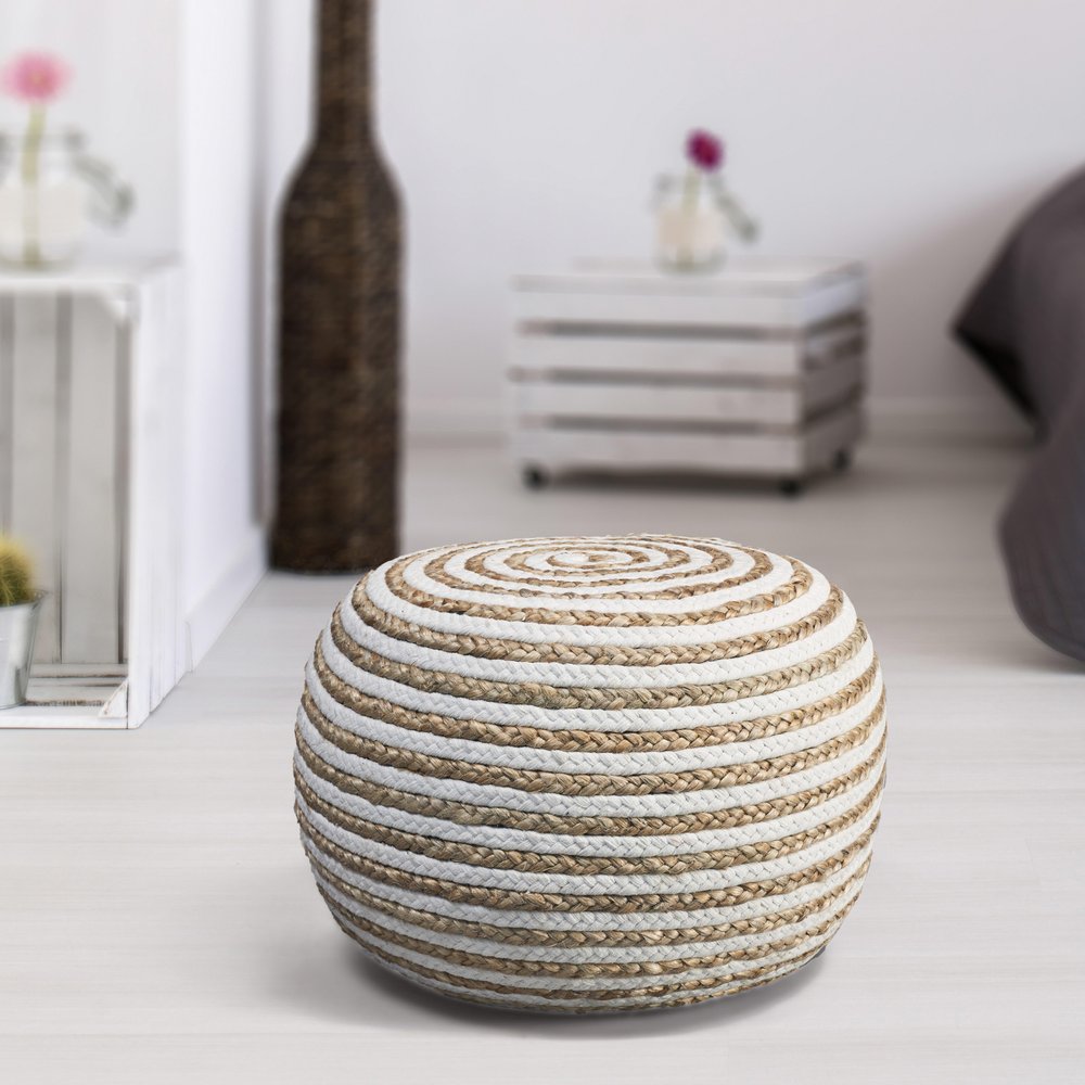 20" Rainbow Cotton Blend Round Striped Pouf Ottoman