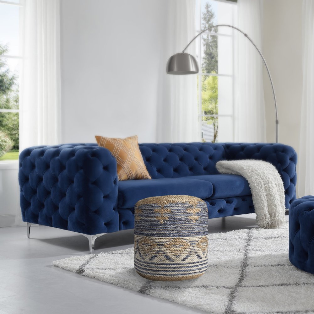 18" Blue Cylinder Geometric Pouf Ottoman