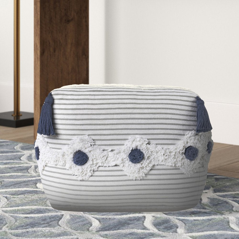 18" Gray Cotton Striped Pouf Ottoman