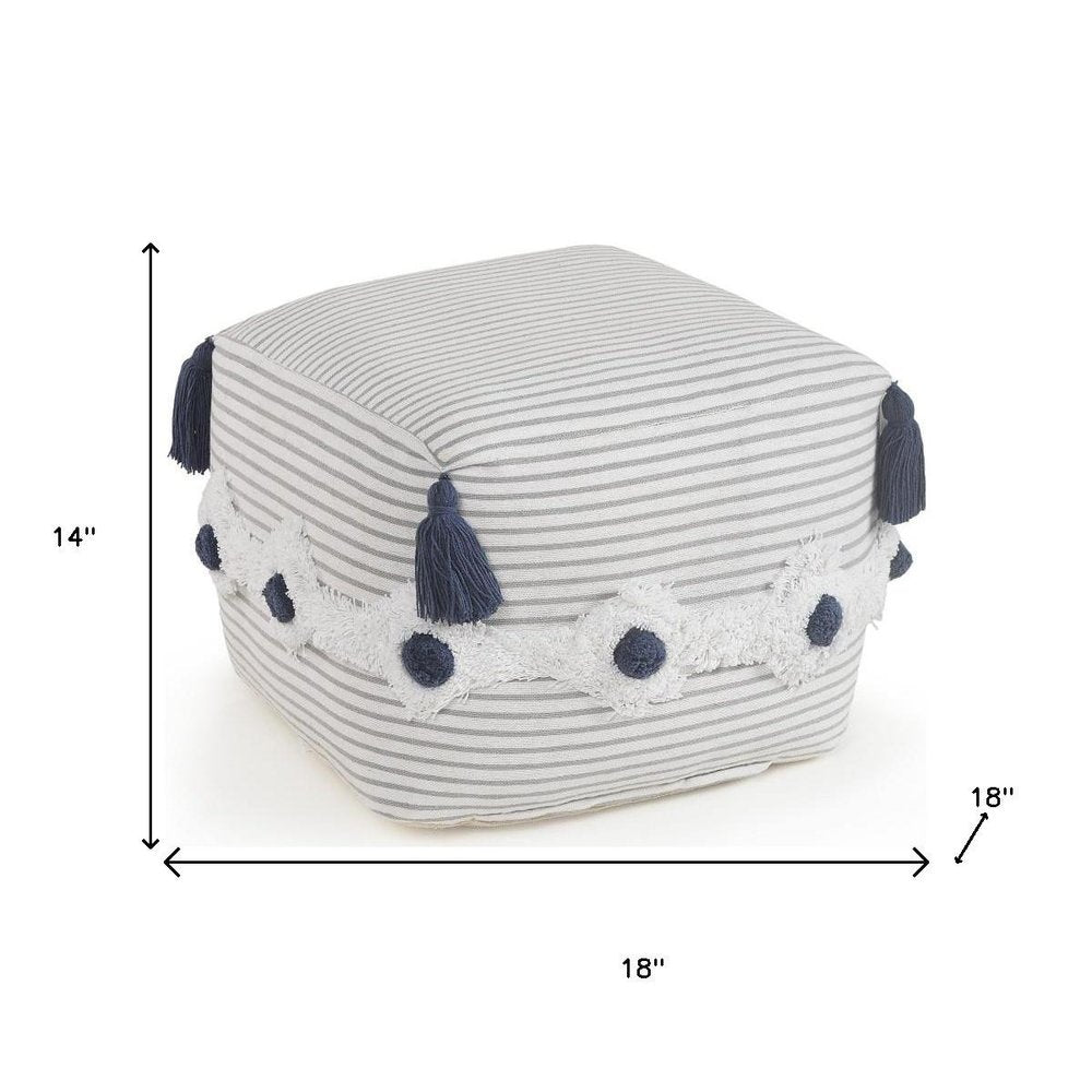 18" Gray Cotton Striped Pouf Ottoman