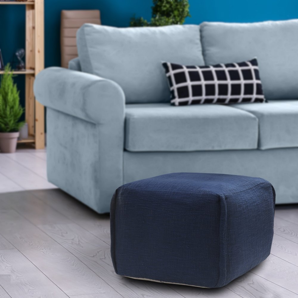 18" Blue Cotton Patchwork Pouf Ottoman