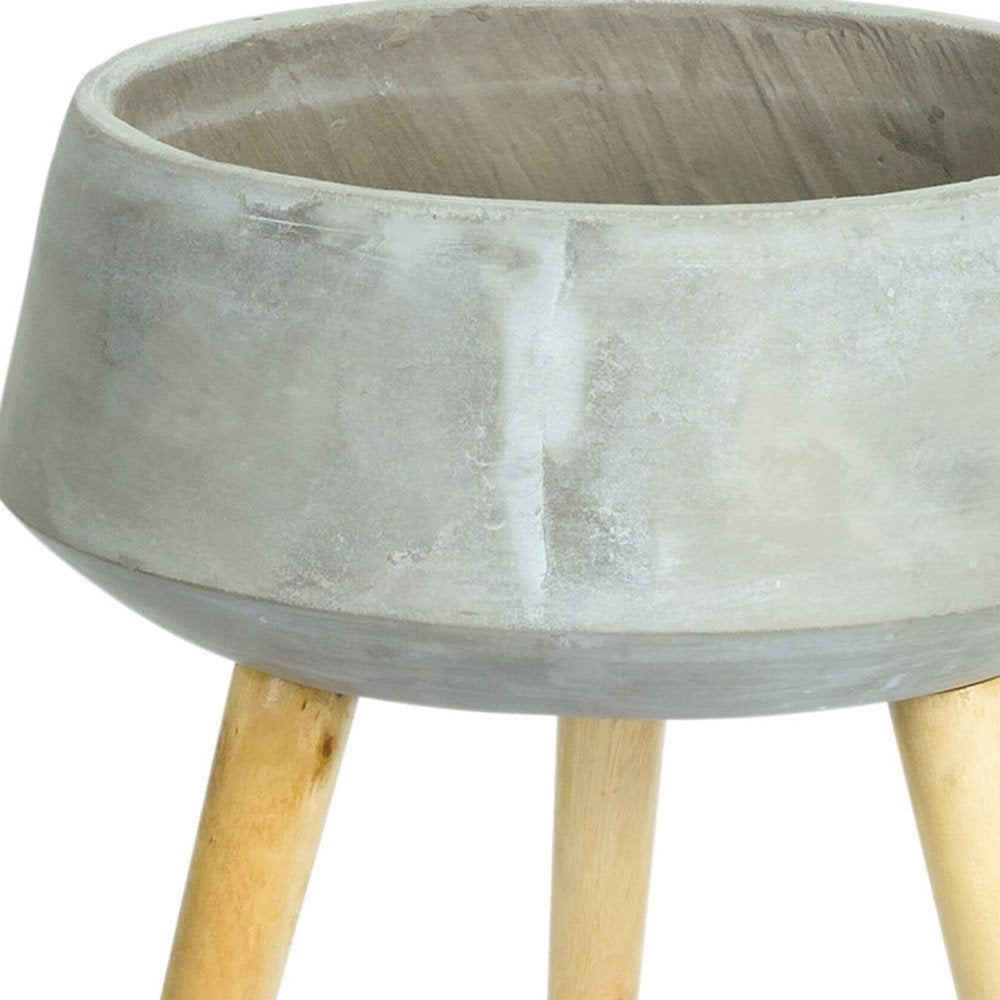 Gray Cement And Wood 81 Ounce Round Distressed Pot Planter With Stand