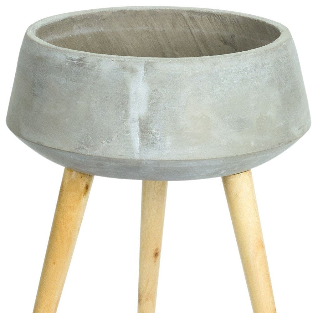 Gray Cement And Wood 81 Ounce Round Distressed Pot Planter With Stand