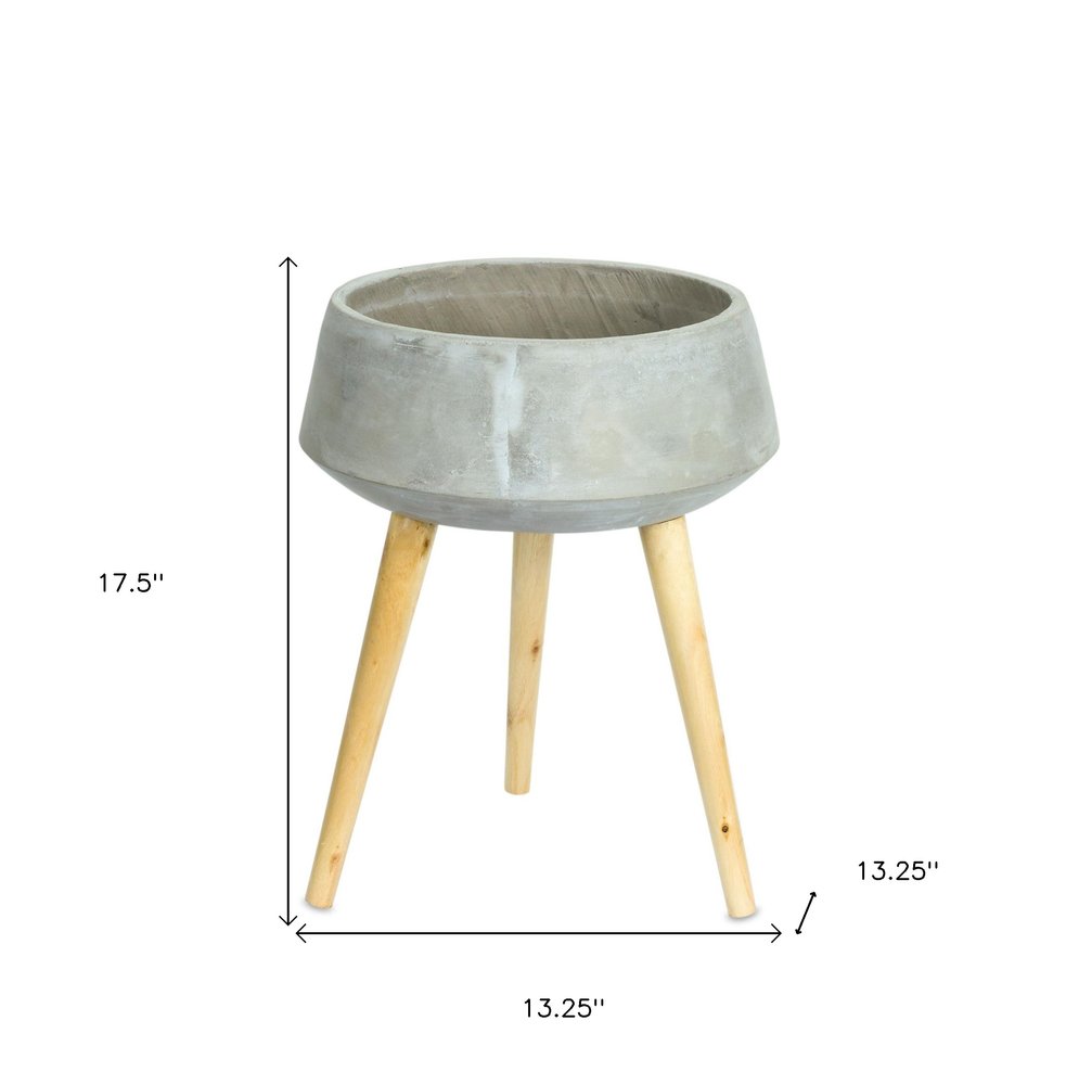 Gray Cement And Wood 81 Ounce Round Distressed Pot Planter With Stand